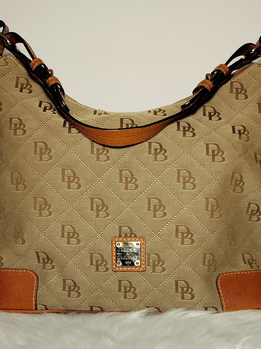 Dooney & Bourke Signature Jacquard Hobo Shoulder Bag Tan Brown Leather